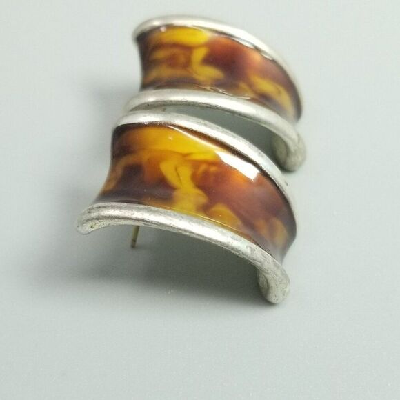 Vintage Anne Kline Tiger Eye Large Curved Stud Earrings Pierced, Silver Tone - Picture 3 of 8